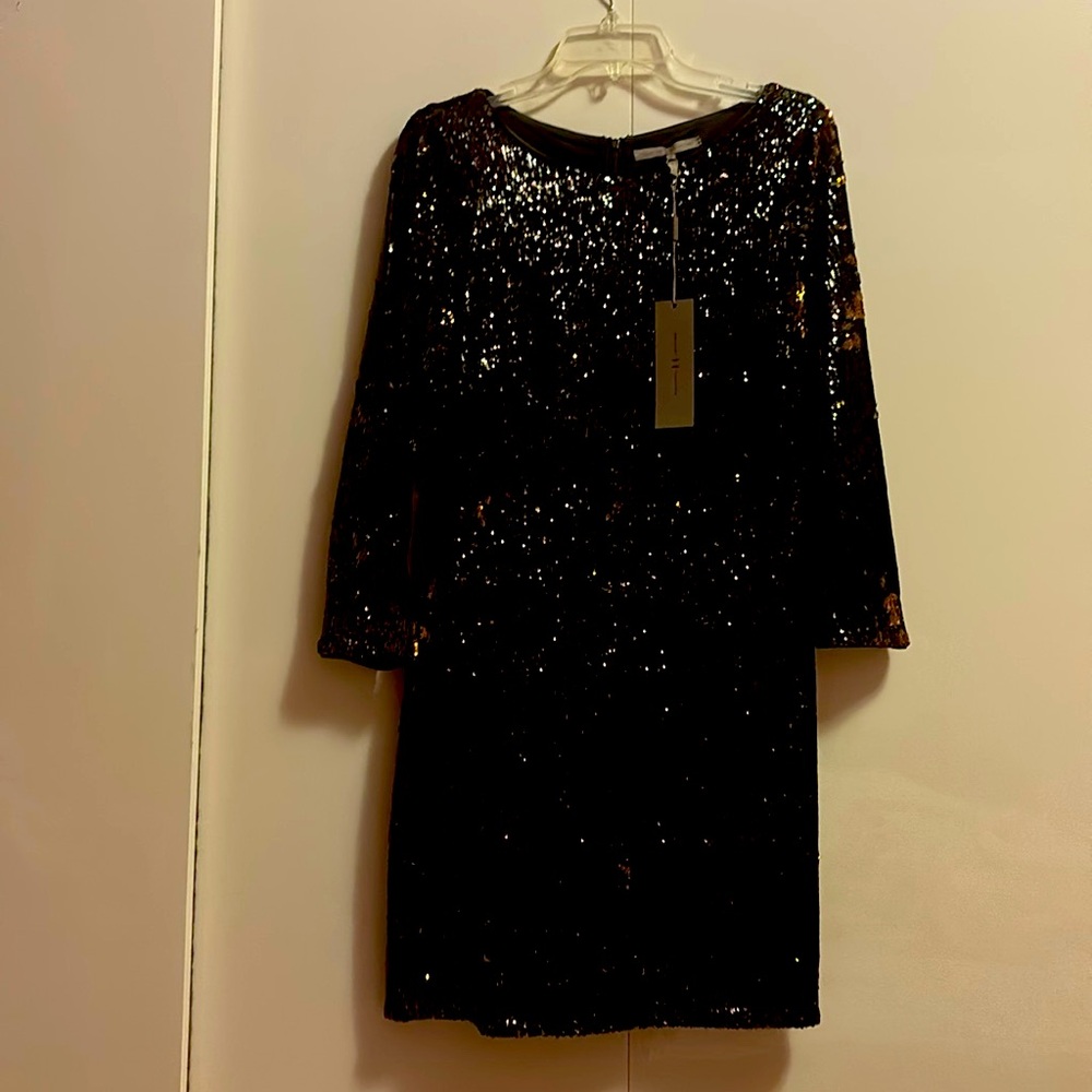 NWT Halston Heritage Size S black and copper tone sequin cocktail dress